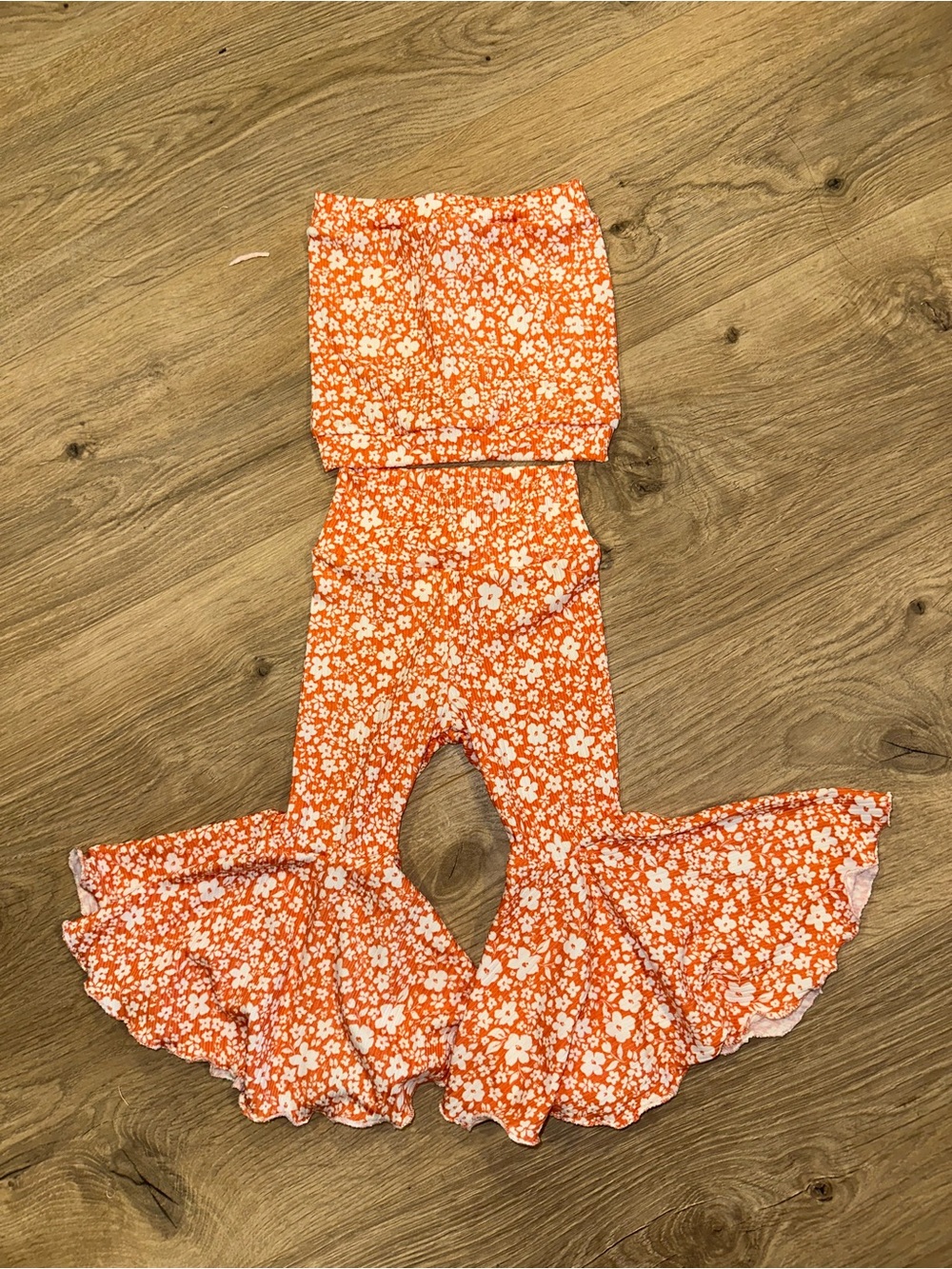 Handmade Orange Floral Bell-Bottom Pants & Tube Top